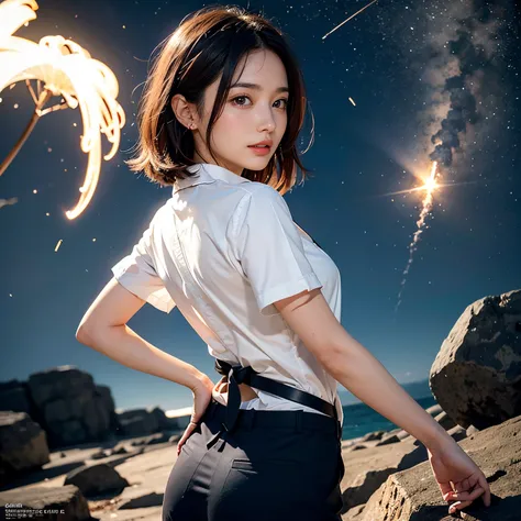 (masutepiece, Best Quality:1.2), 8K, Official art, Wearing a suit、Full body photo, full body Esbian、Beautiful woman in a navy blue suit、star explosion、Beautiful barefoot woman with dark hair, hold a flame in your right hand、I&#39;m holding a snowstorm in m...