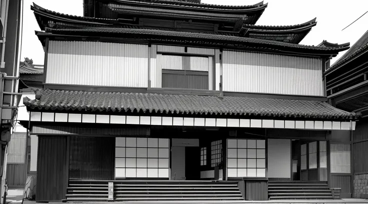 Make me Japanese store buildings drawn in manga style with cracks in black tones, white and gray like a manga