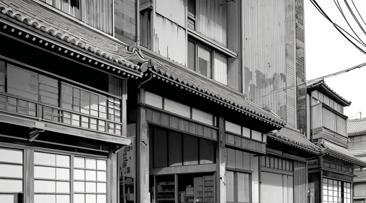 Make me Japanese store buildings drawn in manga style with cracks in black tones, white and gray like a manga