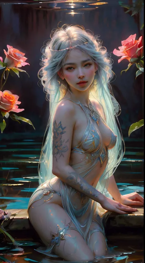 bed over water, stunning masterpiece, full body photo, platinum hair, long curly hair, real water, transparent fabric fused with water, Bathing in a river pond, extremely detailed art, blushing, water running down the body, small breasts, sexy erotic legs,...