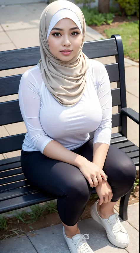 RAW, Best quality, high resolution, masterpiece: 1.3), beautiful Malay woman in hijab (iu:0.8),((big breasts)), perfect nose, perfect lips, perfect eyes, detail :1.2), big breasts, full body, beautiful face, perfect body, thick thighs, sitting on a bench w...