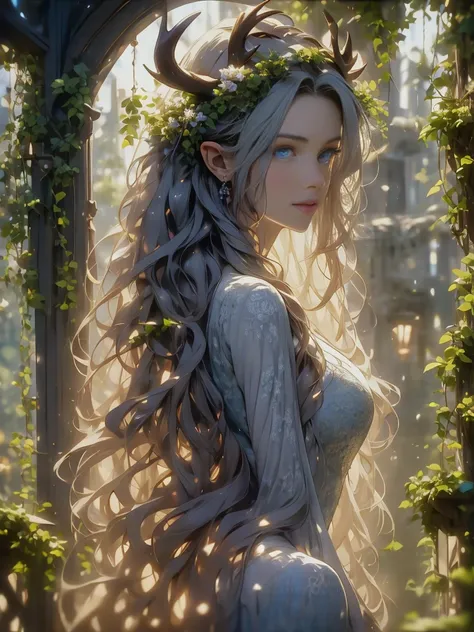 （realisticlying：1.35），（concept-art），（cowboy lens），（Majestic goddess of the forest），（Gorgeous face，big breasts enchanting，Amazing），（Long, Flowing light blonde hair），A humanoid body composed entirely of flowers and leaves，（Beautiful skin is green，Made of com...