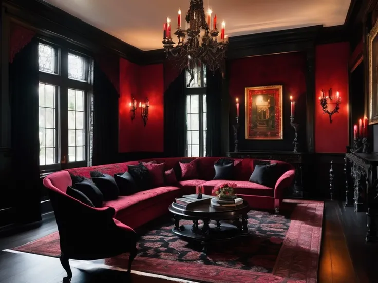 Interior, The walls are a deep, velvety black, creating a striking contrast with the high ceiling, which is a dark red, adorned with elaborate black moldings. The ceiling features a majestic, ornate black chandelier, casting a soft, ambient glow. The cente...