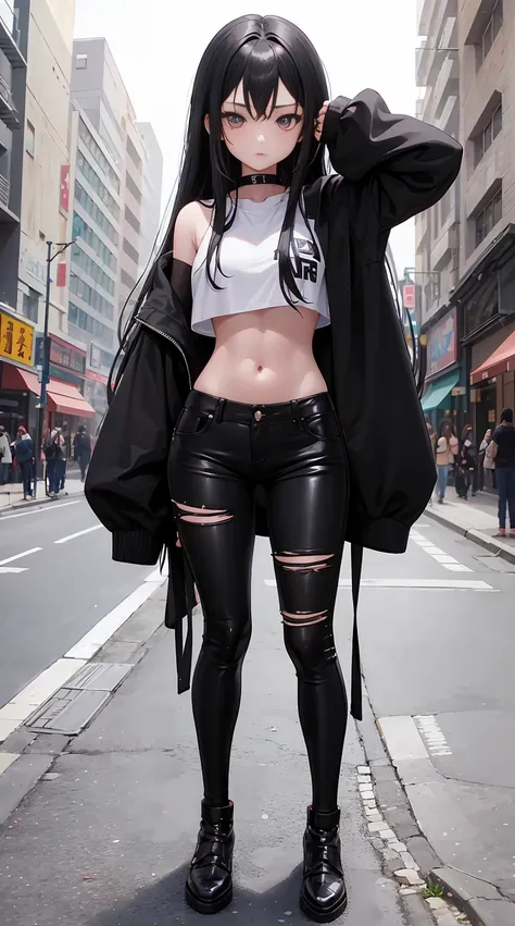 10years old girl, 1girl in, Young Girl, Anime style, skinny body, Anime young girl wearing crop top black hoodie, Skinny Jeans Pants,Black long hair, White eyes, Posed photos of her cute poses, Straight down the street of the tower, Anime Art Wallpapers, D...