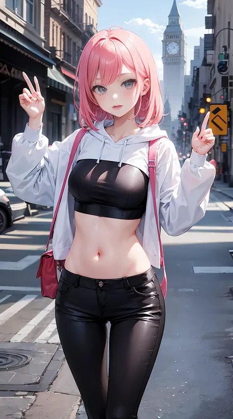 10years old girl, 1girl in, Young Girl, Anime style, skinny body, Anime young girl wearing crop top black hoodie, Skinny Jeans Pants,Black long hair, White eyes, Posed photos of her cute poses, Straight down the street of the tower, Anime Art Wallpapers, D...