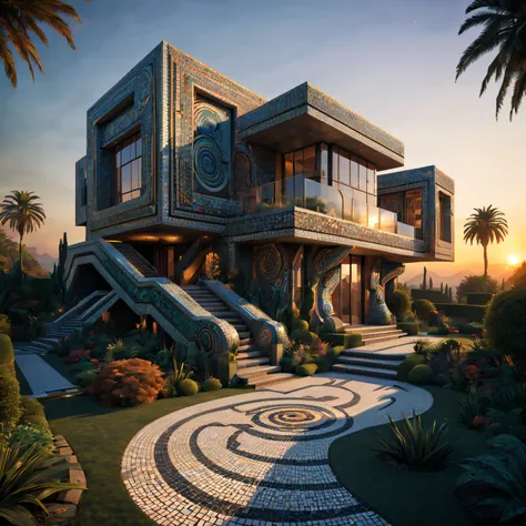 Afu Futurism, Tribal style villa, external garden, Mosaic tribal sculpture, flagstone road, the sunset, ultra-realistic realism, afofuturism, ultra-realistic realism, artistic décor, concept-art, Stereofuturism, lightand shade contrast, Ray traching, mosai...
