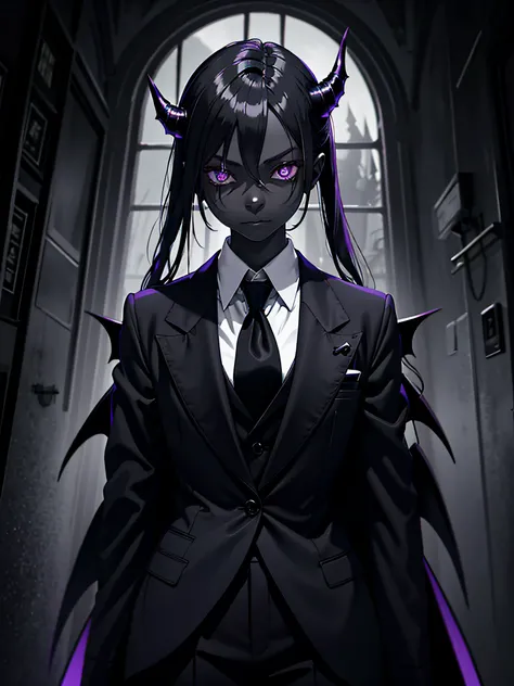 gloomy atmosphere, gloomy demon girl, ((dark gray skin)), (closed formal wear), hands together, Demon girl in good clothes, violet eyes, Cold lighting, Horror atmosphere, perfect anatomy, Masterpiece