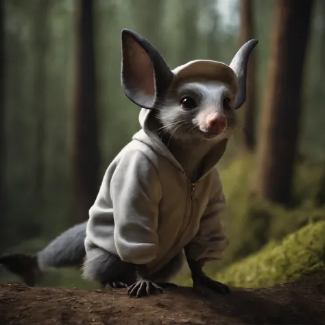 In the cave，Gremlin looks like a fat mole, clothing jacket with hood, In the foreground,  large ears, elongated nose,,,,light silver fur, long tail, the mole is dressed in the style of assassins, Forest in the background, the mole is walking along the road...