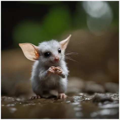 In the cave，Little male gremlin, looks like a fluffy mole in clothes,large ears, elongated nose,,, light silver fur, Its raining, Gremlin mole catches a raindrop, Static movement, holds paw palm up,Static movement, raises paw to the top, Static movement, p...