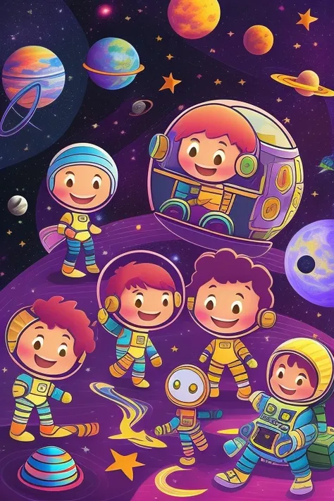 When kids take a trip into space with alien monsters，We want to create AI generated pictures in the style of children&#39;s graphic drawings。。This is copywriting：

In this painting full of fantasy and imagination，Kids explore the secrets of the universe wi...