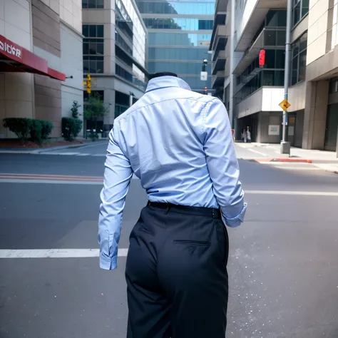 (chubby, fat), collared shirts, slacks, white shirts, blue stripe tie, school, dark grey slacks, school tie, (from back:1.4) (invisible, no humans, headless, faceless:1.5), (cute big breasts), photon mapping, radiosity physically-based rendering