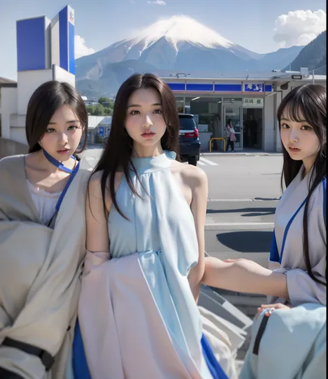 Alafid woman in blue dress standing in front of mountain, anime style mixed with fujifilm, author：Torii Kiyomoto, guweiz, Inspired by Ma Yuanyu, Bae Xiuzhi, model in Japan, Sakimichan Institute of Human Development, lofi-girl, Korean girls, Nam Jae-yeon