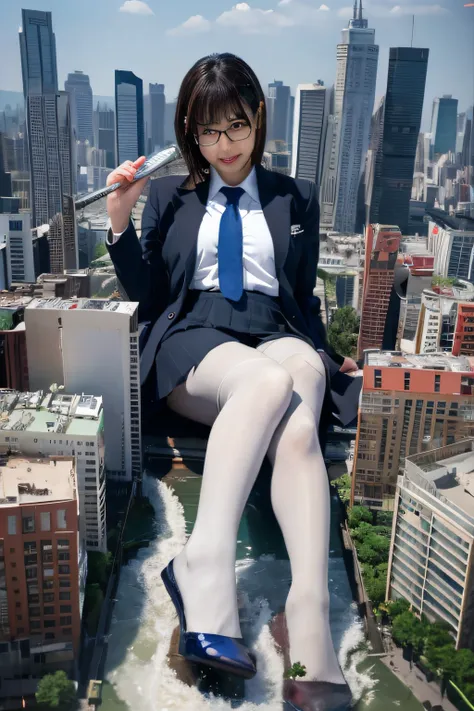 Multiple girls, giantess art, a hyperrealistic schoolgirl, , highly detailed giantess shot, der riese, Shorthair, Black pantyhose, Giant high school girl much bigger than a skyscraper。Wearing rimless glasses。Colossal tits。Navy blue blazer、Red tie、Mini Leng...