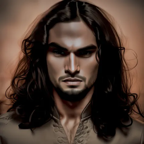 a close up of a man with long hair and a beard,  male vampire realistic