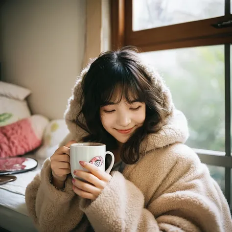 Cute woman wrapped in a fluffy blanket、((25-years old))、japanes、sitting on、1 girl in、Japanese narrow studio apartment、Hold a ceramic coffee cup with both hands、viewer is looking down、a picture、３５ｍｍfilmg、Sleepy face、a little bit smile、short-hair、waved hair、...