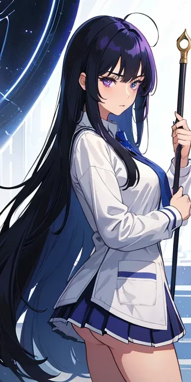 tmasterpiece, Best quality at best,In the daytime, Magic Class, , Blue oblique bangs long hair, Purple eye，female pervert, Wearing a college uniform，Arrogant temperament，high qulity, Beautiful graphics, high detal