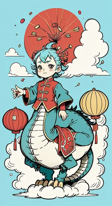 ((1 cute and festive Chinese dragon made of balloons and a little boy made of balloons, wearing traditional Chinese clothes made of balloons, Spring Festival, firecrackers, auspicious clouds, red background)), Cute and detailed digital art, lovely digital ...