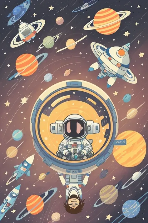 Illustration of three astronauts floating in space surrounded by planets, The astronaut, Little astronaut, Space travelling, Just a joke, Floating in outer space, spacewalk, floats in space, space travel, floating beside planets, outerspace, cute astronaut...