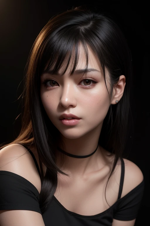 arafed woman with a black shirt and a black choker, 8k portrait render, soft portrait shot 8 k, realistic face moody lighting, detailed face of a asian girl, cinematic headshot portrait, beautiful portrait lighting, detailed beauty portrait, ultra detailed...