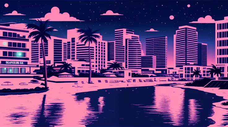 gta 6 vice city nightscape, beachside, buildings, neon signs, cinematic, realistic --auto --s2