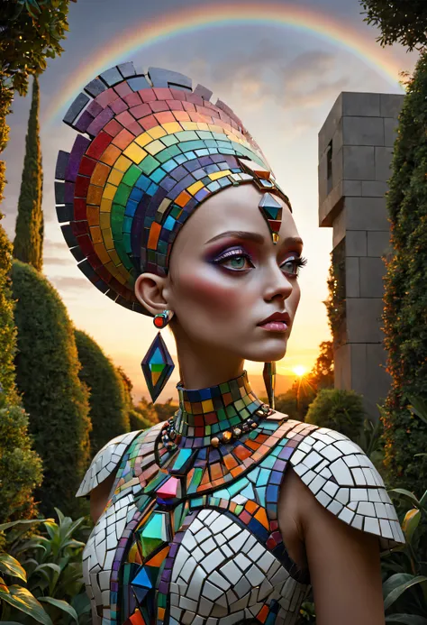 Mosaic tribal sculpture, external garden, flagstone road, Afu Futurism, the sunset, rainbow hair, Asymmetrical hair, forehead jewel, hair adornments, bead necklace, hoop earings, smug, ultra-realistic realism, afofuturism, ultra-realistic realism, artistic...