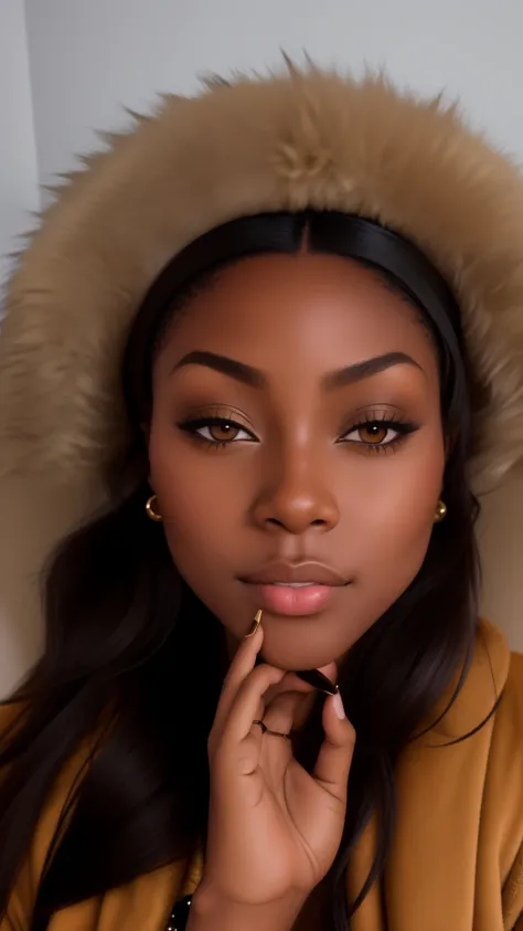 there is a woman wearing a fur coat and a gold jacket, with brown skin, detailed flawless face, 1 / 2 headshot, profile image, headshot profile picture, 1 / 4 headshot, photo of a black woman, full face close up portrait, close up face, brown skin. light m...