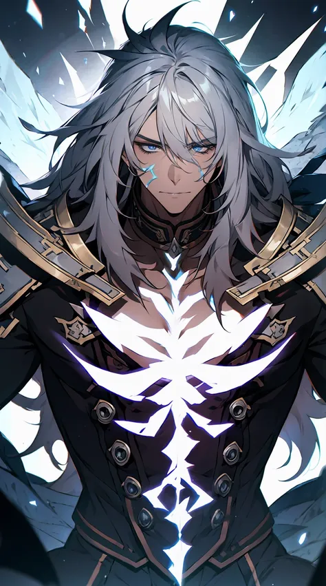 1 young man、solo, gray long hair、verd s eyes、serious、best quality、８ｋ、blue flames、fights