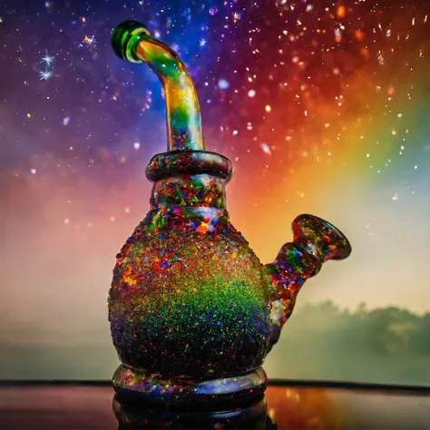 Glass bong, marijuana, smoke. Stoners head exploded with rainbows