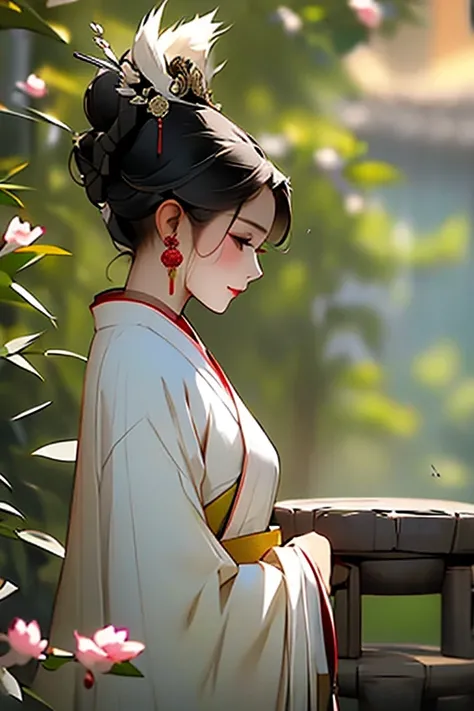 painting of a woman wearing hanfu dress, she looks at the watcher