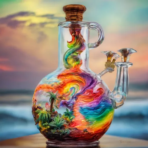 Glass bong, marijuana, smoke. Stoners head exploded with rainbows