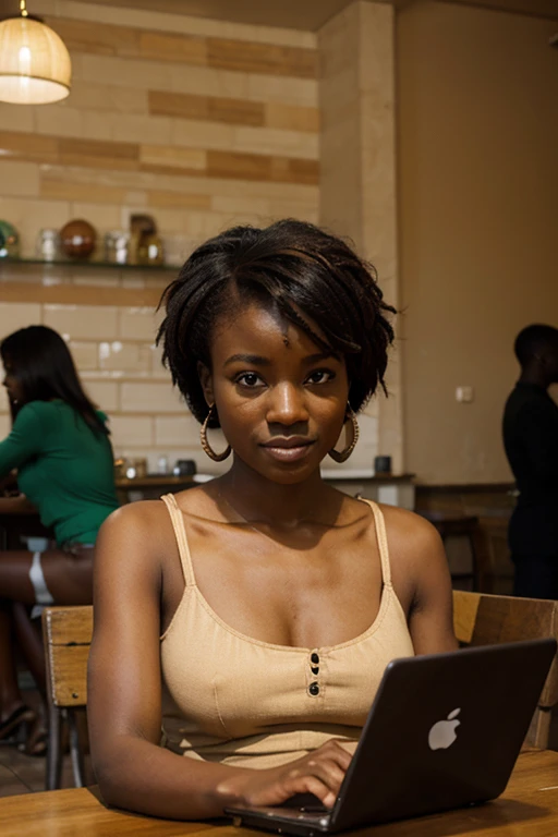 african lady in coffee shop with apple laptop