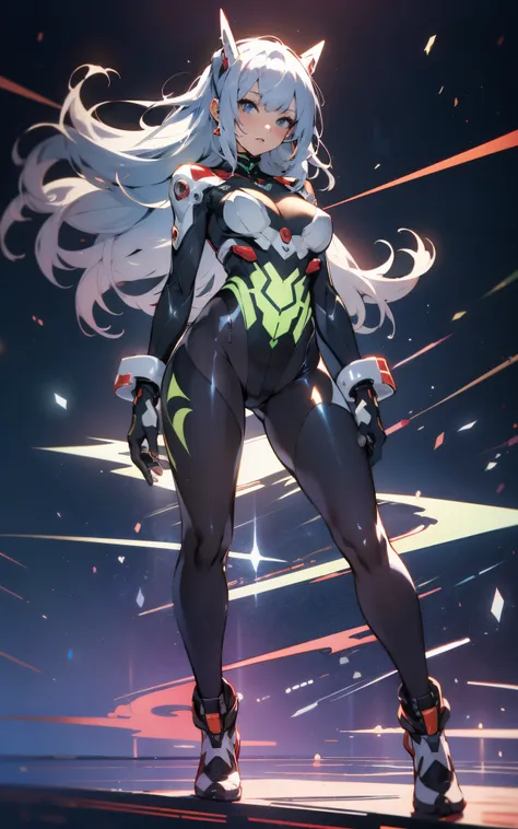 (((Adult Woman))), ((Best Quality)), ((masutepiece)), (Detailed: 1.4), (Absurd), 35-year-old adult woman with Simon Bisley-style micro thong, Genesis evangelion neon style clothing, 2-piece clothing, Long silver hair, arm tatoo, cybernetic hands, pastel, C...