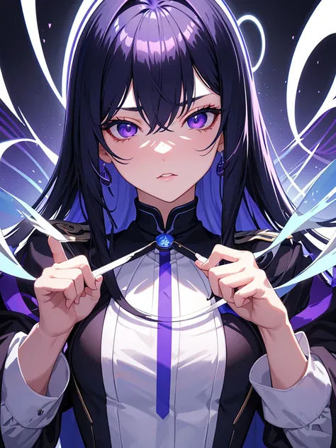 tmasterpiece, Best quality at best,, Magic Class, , Blue oblique bangs long hair, Purple eye，female pervert, Wearing a college uniform，Arrogant temperament，high qulity, Beautiful graphics, high detal，frontage