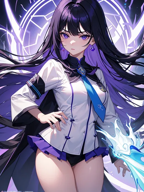 tmasterpiece, Best quality at best,, Magic Class, , Blue oblique bangs long hair, Purple eye，female pervert, Wearing a college uniform，Arrogant temperament，high qulity, Beautiful graphics, high detal，frontage