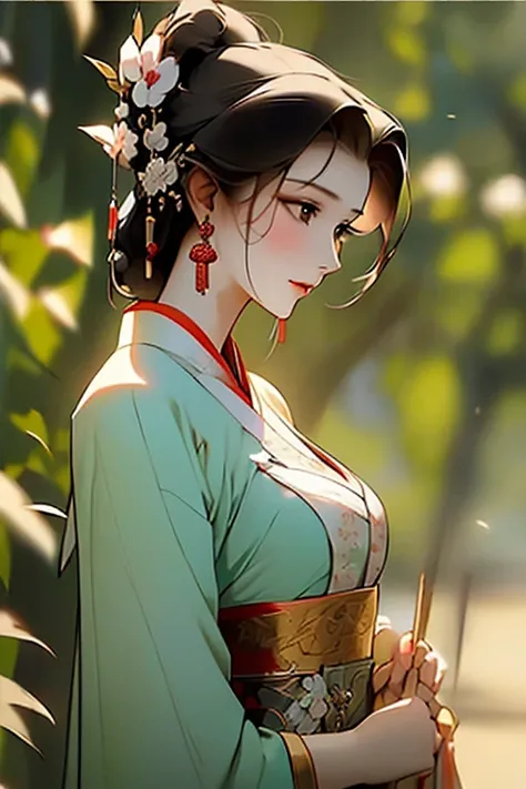 painting of a woman wearing beautiful song dynasty hanfu dress, she looks at the watcher