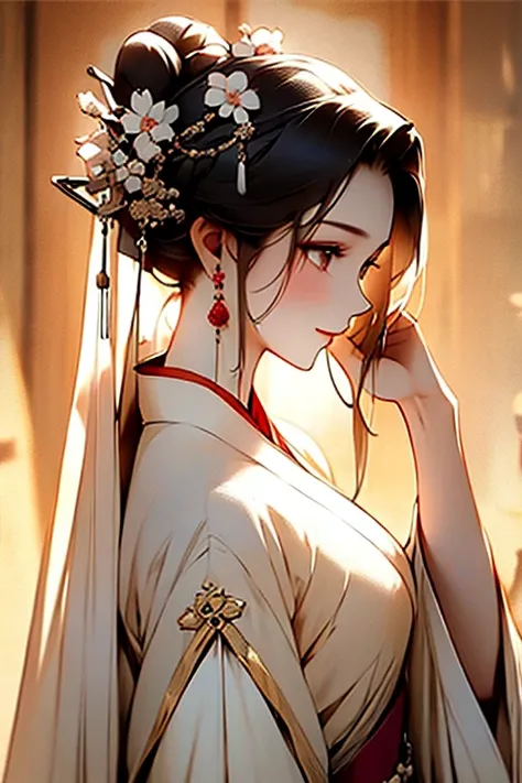 painting of a woman wearing beautiful song dynasty hanfu dress, she looks at the watcher