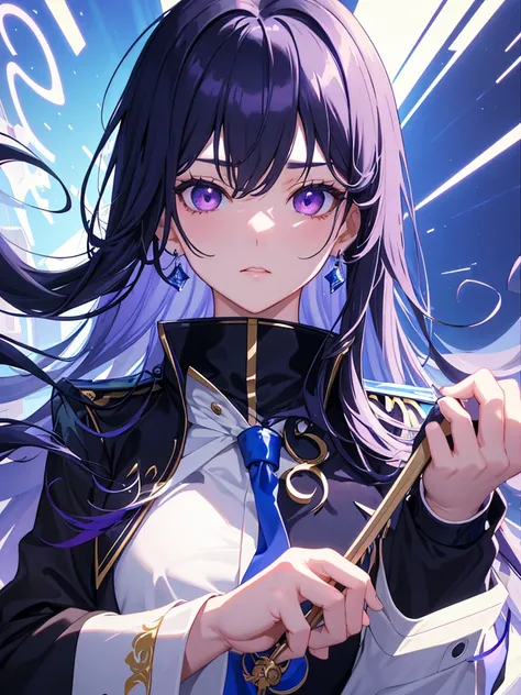 tmasterpiece, Best quality at best,, Magic Class, , Blue oblique bangs long hair, Purple eye，female pervert, Wearing a college uniform，Arrogant temperament，high qulity, Beautiful graphics, high detal