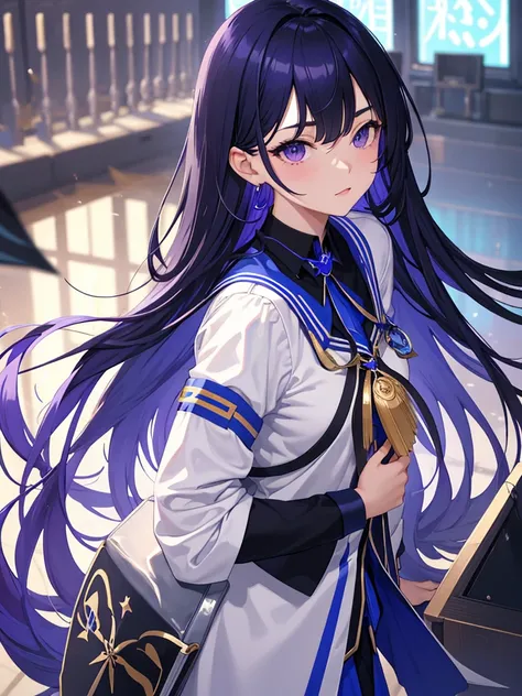 tmasterpiece, Best quality at best,, Magic Class, , Blue oblique bangs long hair, Purple eye，female pervert, Wearing a college uniform，Arrogant temperament，high qulity, Beautiful graphics, high detal