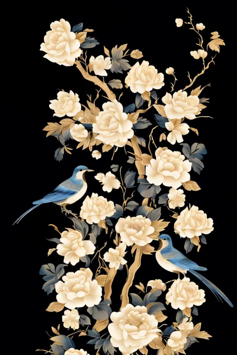 There is a bird sitting on a branch full of flowers, chinoiserie pattern, chinese painting style, Many birds and roses flying around, Traditional chinese painting, traditional chinese art, Chinese-style painting, oriental wallpaper, author：Li Keran, chinoi...