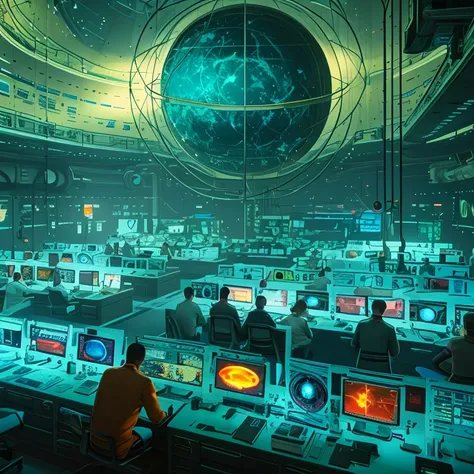 photo realistic image, view of a large room with many computers and people, Staff, depicted as a sci-fi scene, Futuristic Science Lab, cyber space, Realism | beeple, surreal sci fi set design, Concept art | beeple, Stationation and beeple high, Sci-fi scen...