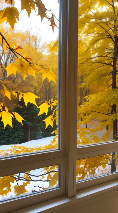 snow sweeps away yellow leaves outside the window,yellow leaves on the snow,outside the beautiful window there is a beautiful pa...