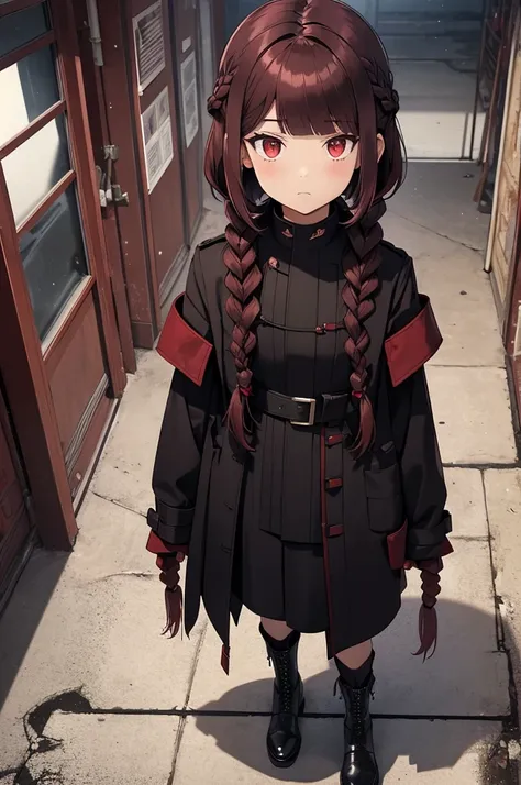 dark red hair, full body Esbian, fluffy hair, Layered Bob, (Turn around and look here), ((Braided shorthair)), ((Braiding bangs)), (a short bob), ((Black long coat)), Ruins, inside in room, Slightly red tide, Rin々Facial expressions, ((Perspective from abov...