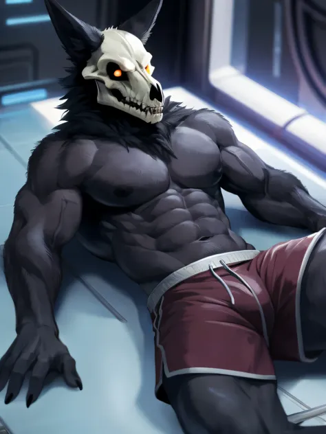 hi res, (Skulldog), black fur, anthro, blurred background, male, muscular, muscular anthro, muscular male, tail, solo, detailed background, lying down, (kemono), glowing eyes, cute face, suggestive, shorts, Anime, Sci-fi Background