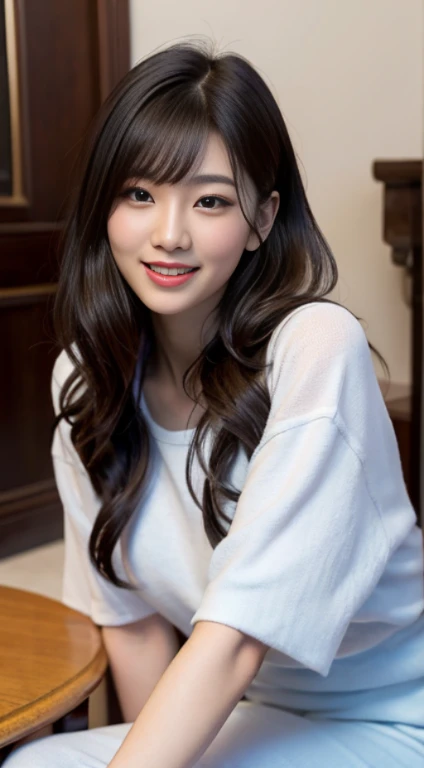 Portrait of 28 year old Chinese girl, long wavy hair, bangs, smiling, one person image, high quality, photorealistic, beautiful, influencer, sharp facial features, pretty eyes, looking slightly off camera, fashionable and trendy outfit