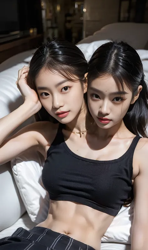 best resolution, 2 heads, half-body shot,asian woman with two heads, 20 years old, youthful, crop top, petite body, ponytails, laying on an apartment couch