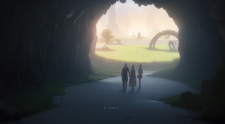 Anime scene of two people walking through a cave admiring the sea, Ruins Explorer at Dusk, anime scene, Today’s recommended anime is still, anime opening, All in a huge cave, beautiful anime scenes, Opening scene, in the anime film, Screenshot of the anima...