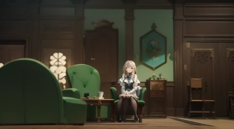 Anime scene of a woman sitting on a green chair in the room, Today’s recommended anime is still, Violet Evergarden, Screenshot of the animated movie, Still from anime, Still from TV animation, in the anime film, Popular isekai anime, anime movie screenshot...