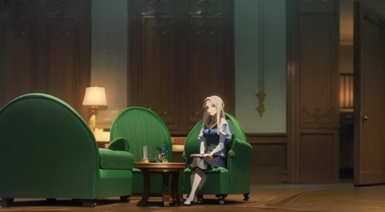 Anime scene of a woman sitting on a green chair in the room, Today’s recommended anime is still, Violet Evergarden, Screenshot of the animated movie, Still from anime, Still from TV animation, in the anime film, Popular isekai anime, anime movie screenshot...