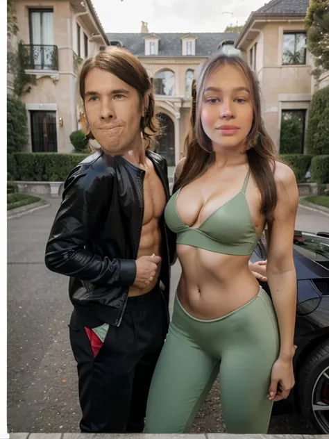 A man stands next to a very beautiful girl, girl in sexy sportswear, Luxury Living, in the background an expensive mansion and a green Lamborghini Huracan