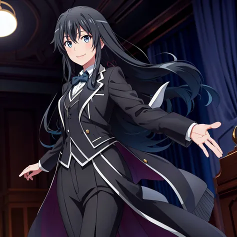 1girl, Illustration of a girl, yukinoshita yukino, view wears a tuxedo tailcoat, standing, ((Anime)) 8k colerfullThe, 1GIRL , Yukinoshita yukino ,woman in formal suit tuxedo tailcoat standing in a large alcove in the room, 1girl, solo, necktie, black hair,...